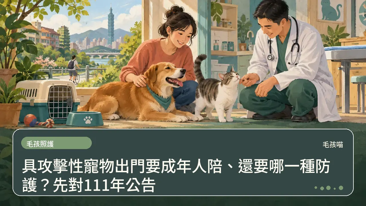 具攻擊性寵物出門要成年人陪、還要哪一種防護?先對111年公告主題插畫