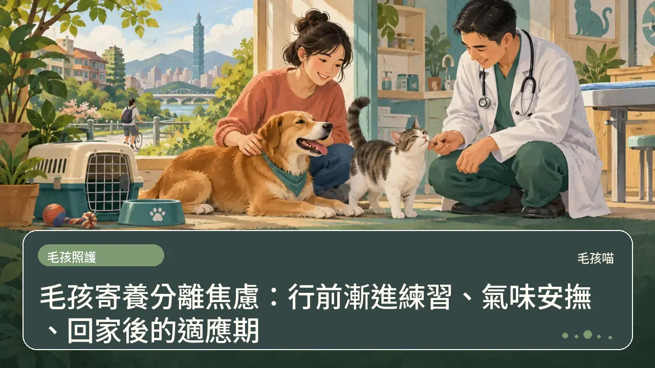 毛孩寄養分離焦慮：行前漸進練習、氣味安撫、回家後的適應期主題插畫