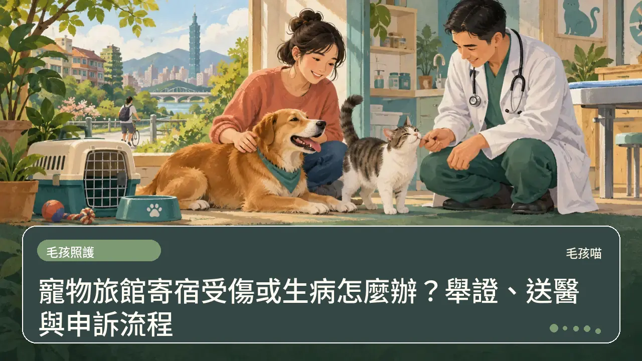 寵物旅館寄宿受傷或生病怎麼辦?舉證、送醫與申訴流程主題插畫