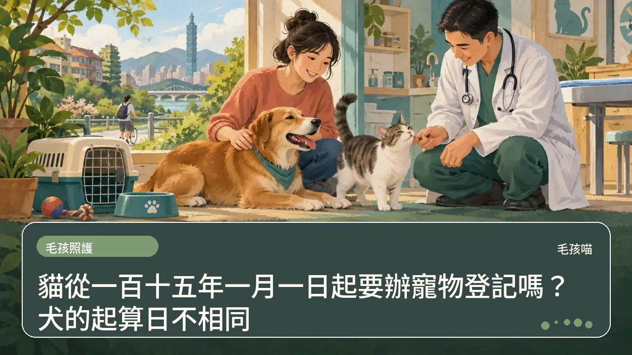貓從一百十五年一月一日起要辦寵物登記嗎？犬的起算日不相同主題插畫