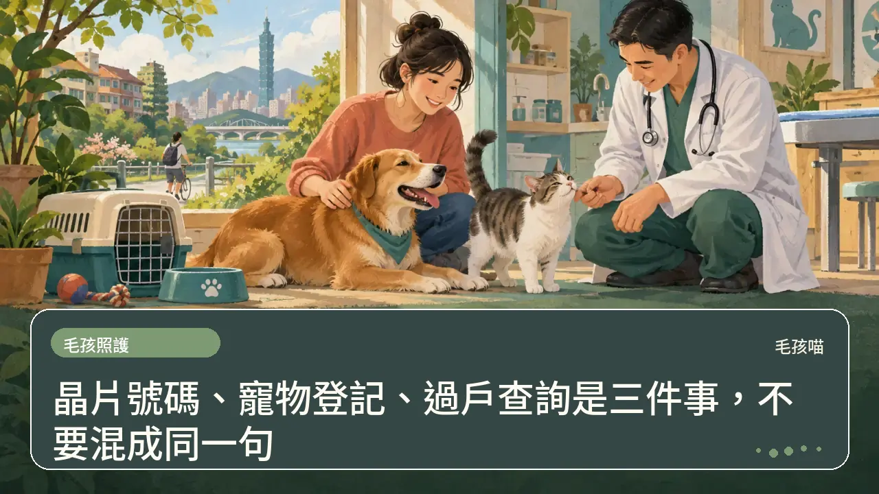 晶片號碼、寵物登記、過戶查詢是三件事，不要混成同一句主題插畫