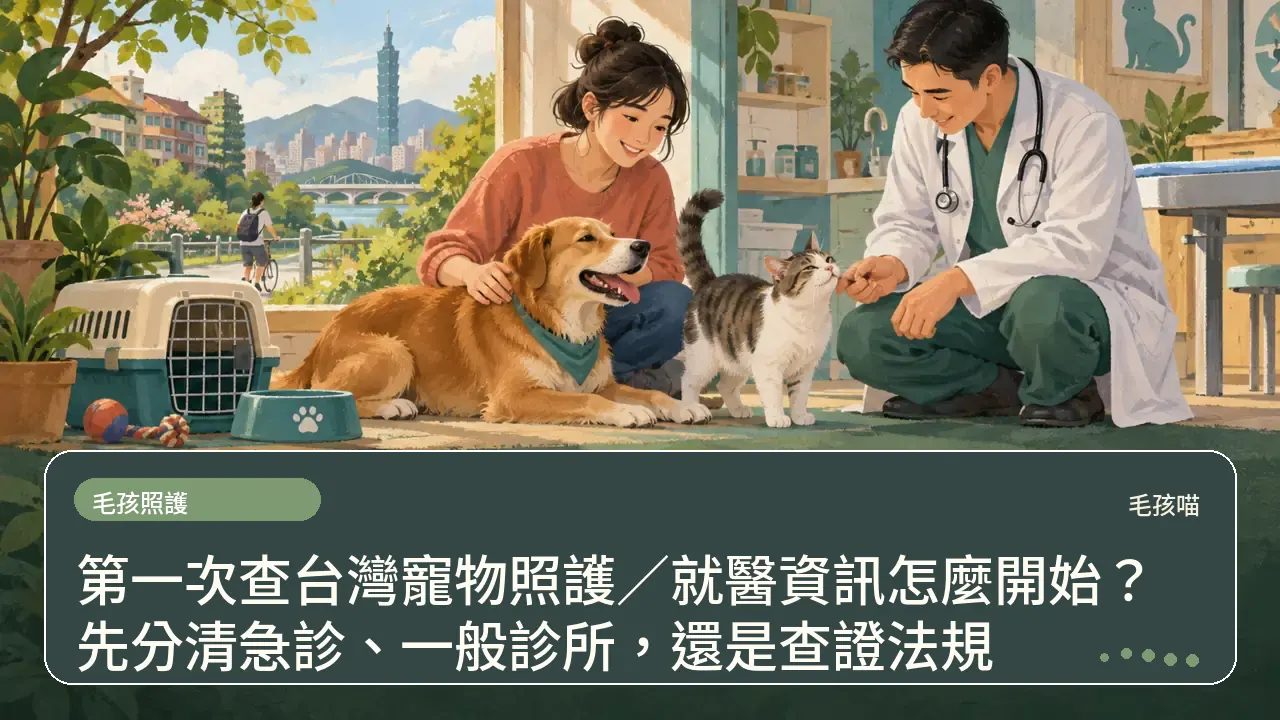 第一次查台灣寵物照護／就醫資訊怎麼開始？先分清急診、一般診所，還是查證法規主題插畫