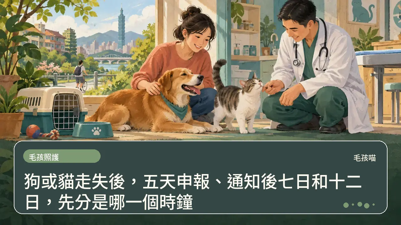 狗或貓走失後,五天申報、通知後七日和十二日,先分是哪一個時鐘主題插畫