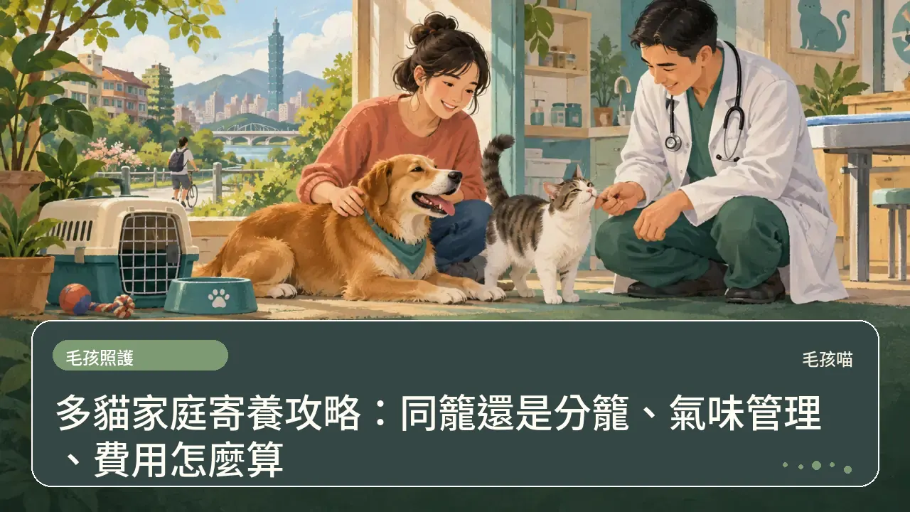 多貓家庭寄養攻略：同籠還是分籠、氣味管理、費用怎麼算主題插畫