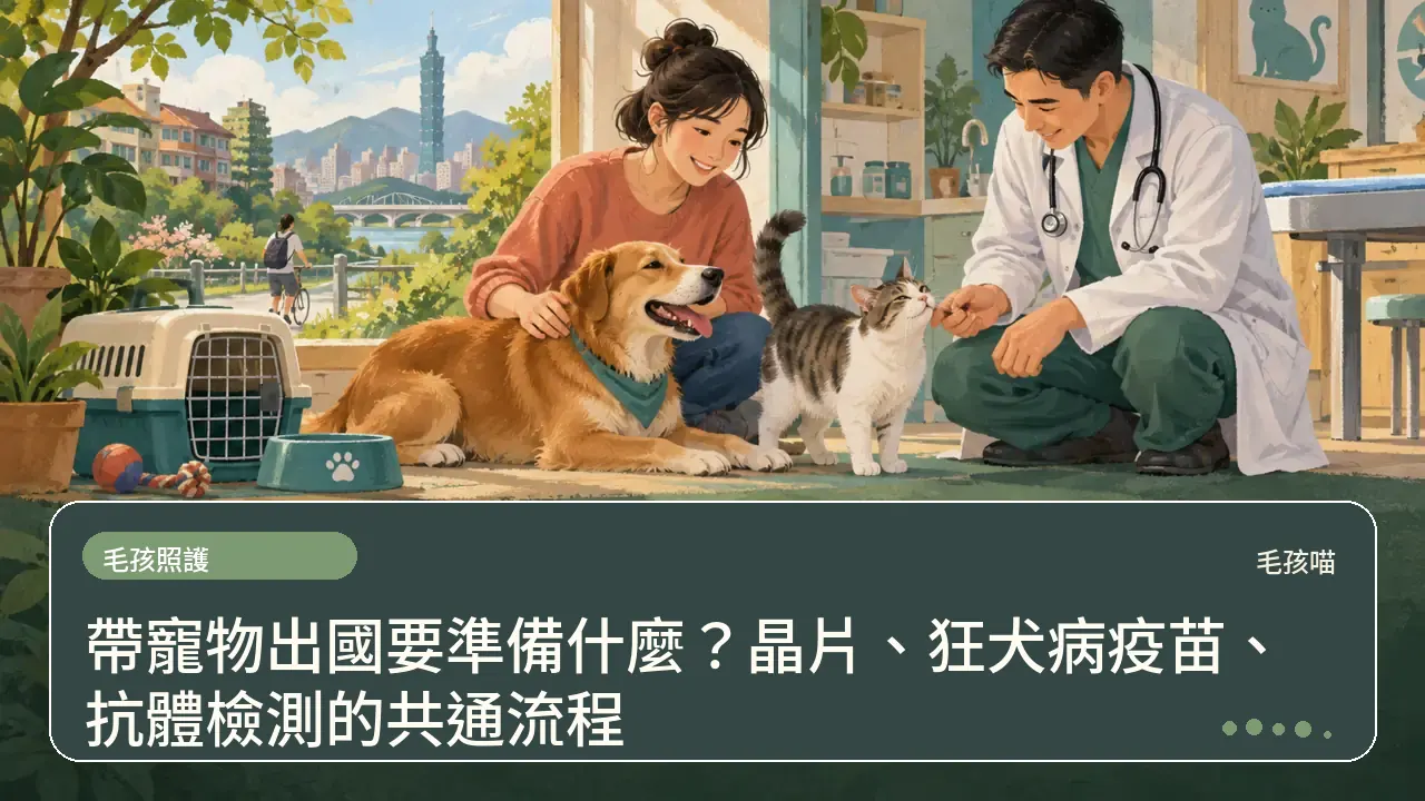 帶寵物出國要準備什麼？晶片、狂犬病疫苗、抗體檢測的共通流程主題插畫