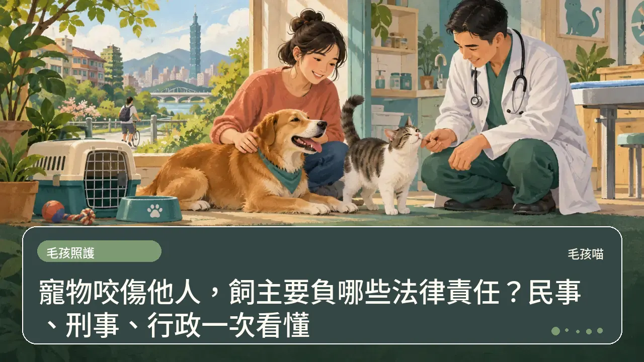 寵物咬傷他人，飼主要負哪些法律責任？民事、刑事、行政一次看懂主題插畫