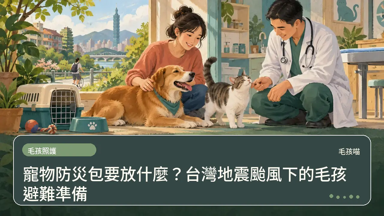 寵物防災包要放什麼？台灣地震颱風下的毛孩避難準備主題插畫