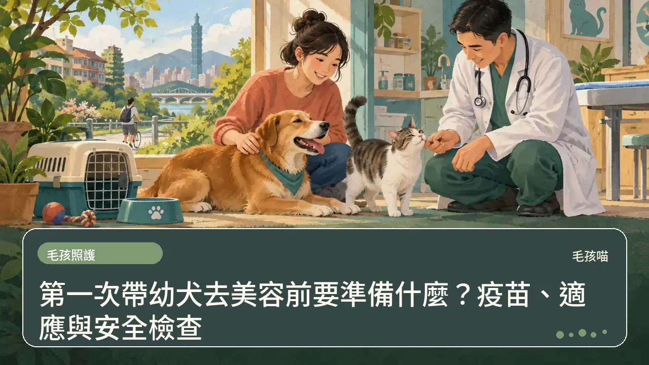 第一次帶幼犬去美容前要準備什麼?疫苗、適應與安全檢查主題插畫